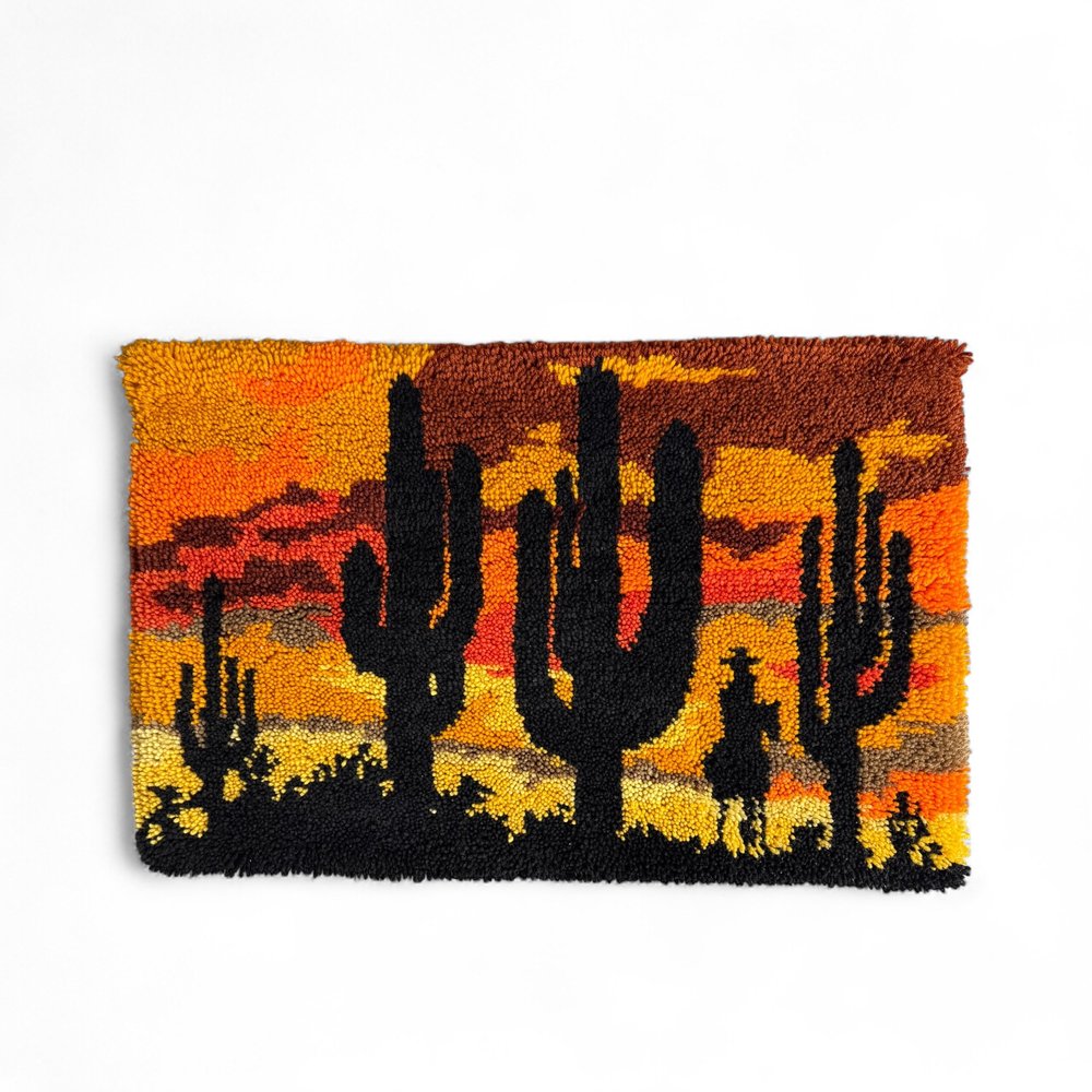 Vintage Boho Western Latch Hook Wall Hanging - Cowboy & Cactus